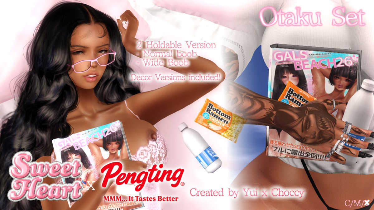 yuichandesuuuu's tweet photo. SweetHeart x Pengting - Otaku Set!
-
A mini collab release with my dear friend Choccy <3
Stuff that are featured in this set:

- Holdable Otaku Set [with 2 boob size versions]
- Gals Beach 26 Manga Book [for Decor]
- Pocai Sweat Bottle [for Decor]
- Ramen [for Decor]

Out now!! https://t.co/TxEYKTZqFs