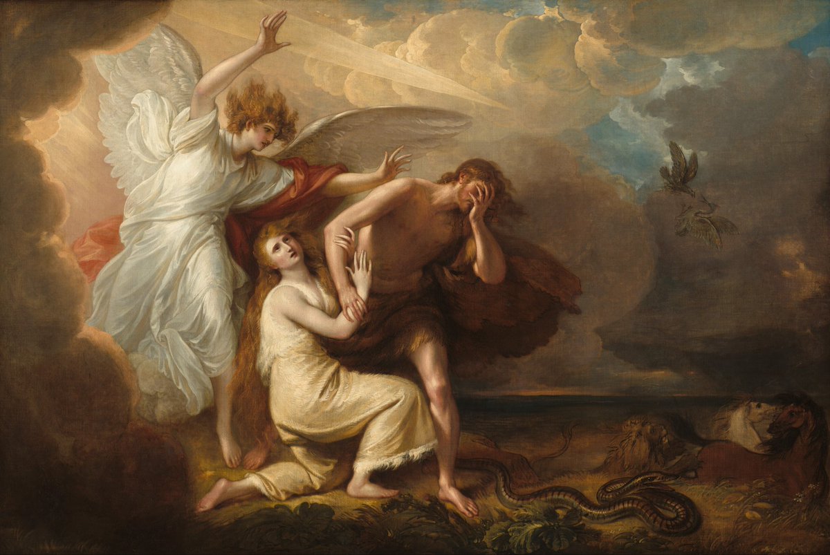 JoshuaTCharles's tweet photo. St. John Chrysostom commented on St. Paul’s words (1 Tim. 2:11-12): “Let a woman learn in silence with all submissiveness. I permit no woman to teach or to have authority over men; she is to keep silent.”

He said:

“[Adam] transgressed, not captivated by appetite, but merely from the persuasion of his wife. The woman taught once, and ruined all. On this account therefore he [St. Paul] says, let her not teach.”

St. John Chrysostom, Homily 9 on 1 Timothy

Art: Benjamin West, The Expulsion of Adam and Eve from Paradise (1791)