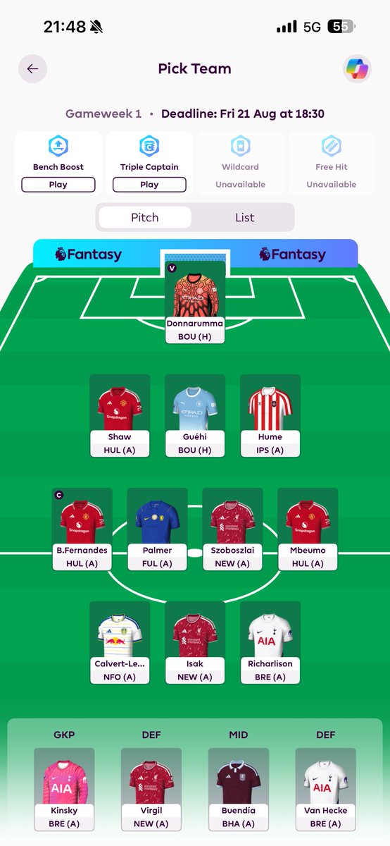 Tom_RBooth's tweet photo. @FPLMattW Look to bench boost Gw1 https://t.co/BDx8AHYgv1