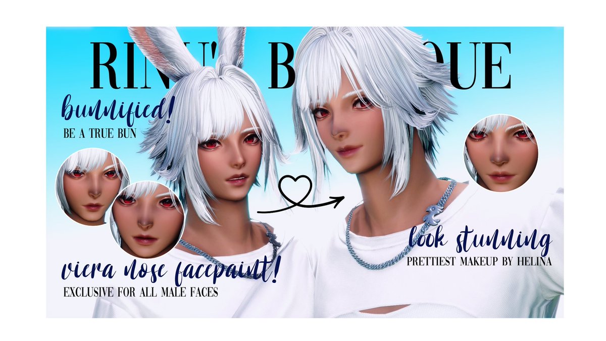 RinuFFXIV's tweet photo. 「 BUNNIFIED ( m ) 」
❛ Bring back your ( male ) viera nose when using custom face textures with this facepaint!

#rinusboutique

XMA: https://t.co/yFZdc4LHbC
Ko-fi: https://t.co/7vNbEiMi2b
Heliosphere: https://t.co/dPef7NSZjv
Glamourdresser: https://t.co/6vPp5C3fuu https://t.co/li4nHMdCUU