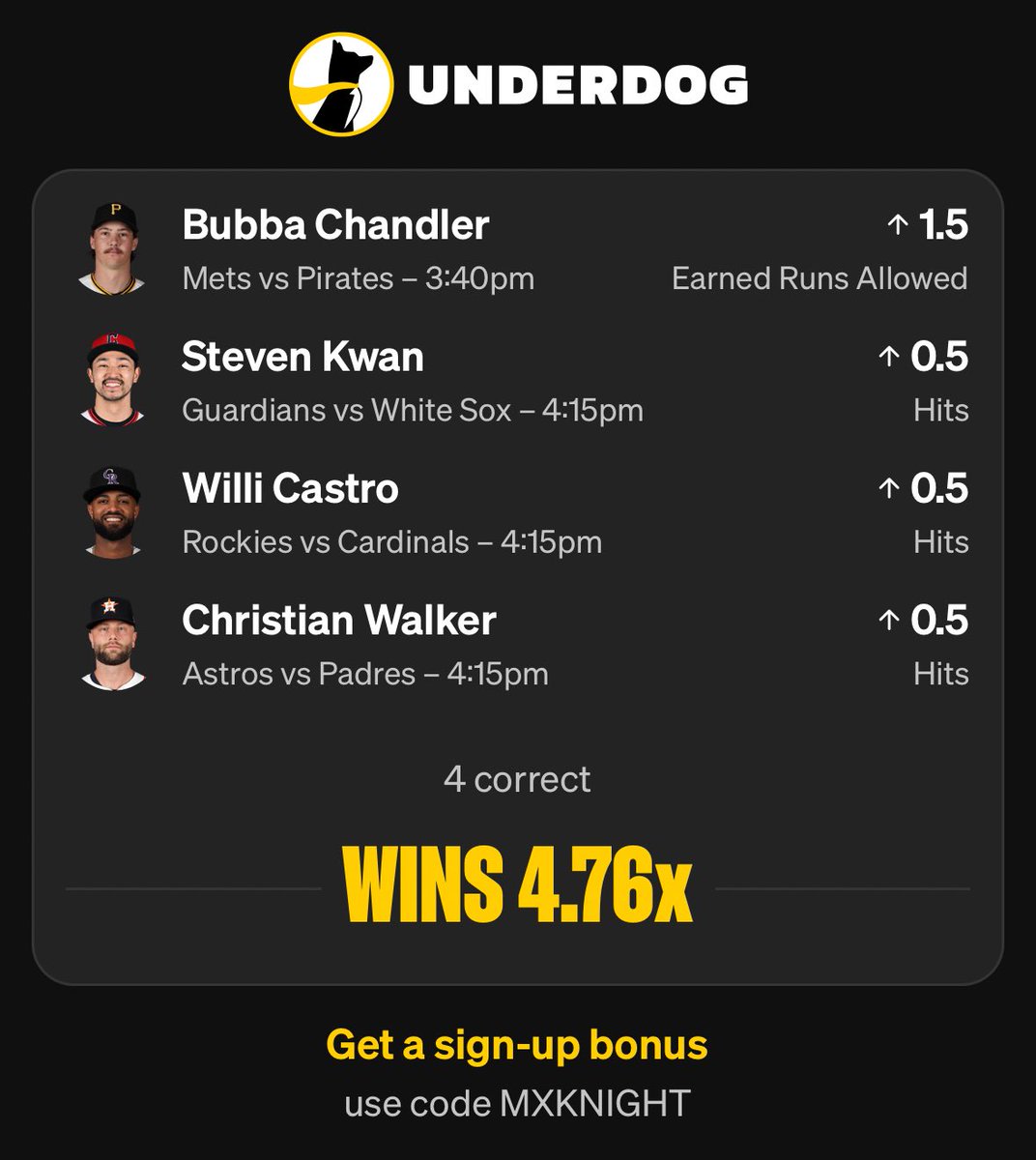 M_KnightBMS's tweet photo. Saturday Knight MLB -                             4 Leg Parlay on Underdog!! ⚾️🤺 
                                                                https://t.co/9CeyKNzr9H https://t.co/cdRDxpYtlG