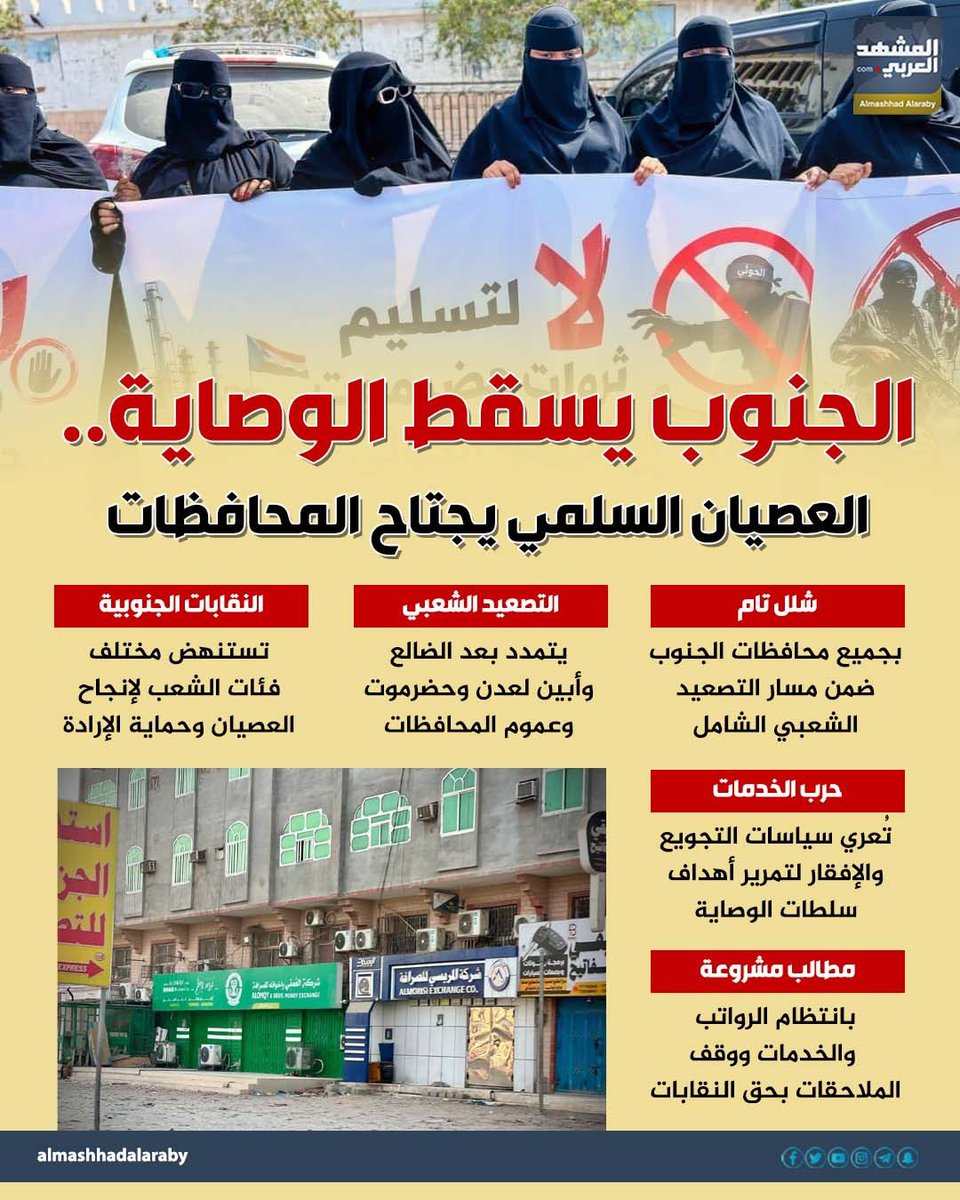 infoalmashhad2's tweet photo. #الجنوب يسقط الوصاية.. العصيان السلمي يجتاح المحافظات (إنفوجراف)

#العصيان_المدني_السلمي_الجنوبي
#عيدروس_في_قلب_الجنوبيين
#التصعيد_الشعبي_الجنوبي 
#المشهد_العربي https://t.co/3UjjyabLbs