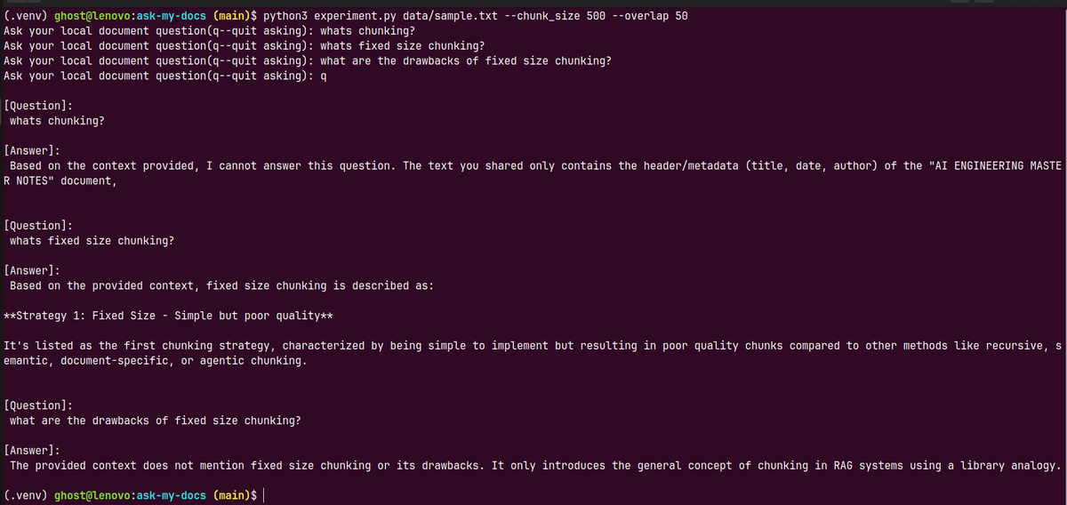 namusoboko's tweet photo. 1/3 questions answered today. 33% retrieval success rate. 😅

Asked my own document:
✅ "whats fixed size chunking?" → answered cleanly
❌ "whats chunking?" → got the title page
❌ "what are the drawbacks?" → "context does not mention it"

code: https://t.co/VaLAnzWszk https://t.co/fvm5Ht42RN