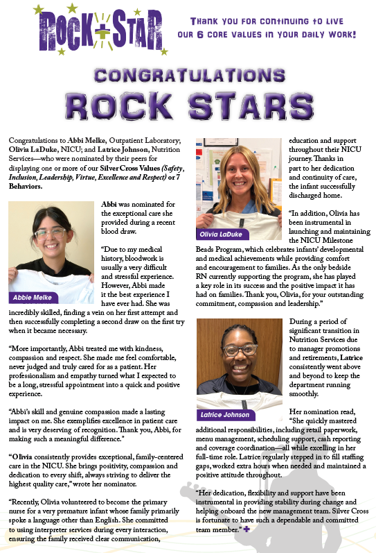 SilverCrossHosp's tweet photo. πΈSilver Cross Rock Starsβ Abbi Melke - Outpatient Laboratory; Olivia LaDuke - NICU; and Latrice Johnson - Nutrition Services, were nominated by their peers and patients for displaying our Silver Values of Safety, Inclusion, Leadership, Virtue, Excellence and Respect. #RockStars https://t.co/i1Xa9O7PEY