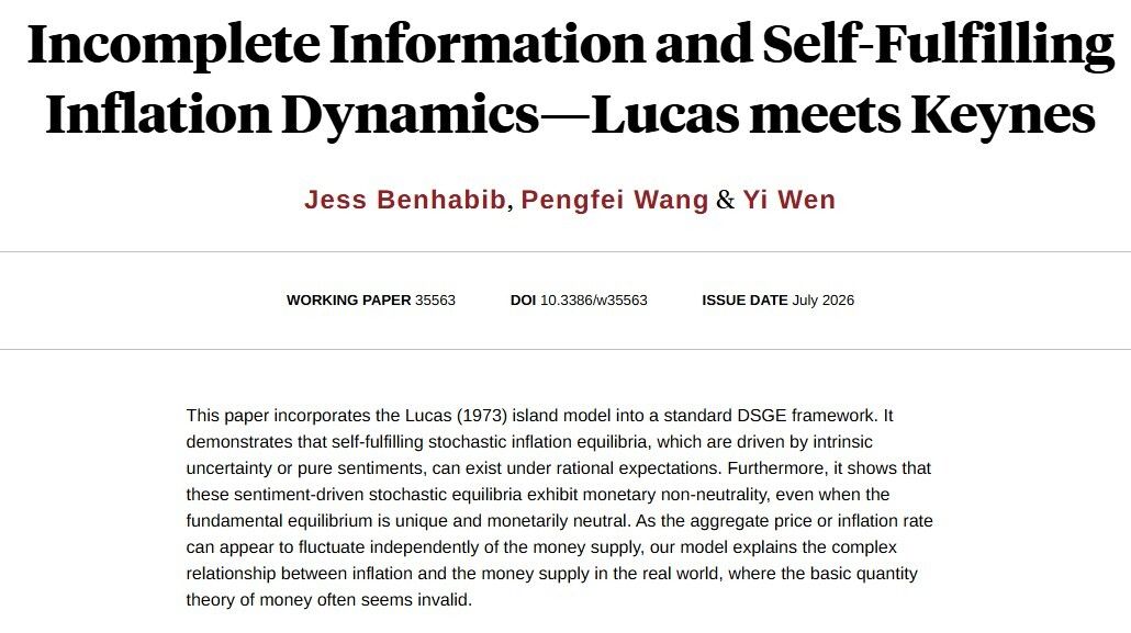 nberpubs's tweet photo. Demonstrating that multiple self-fulfilling fundamental as well as sentiment driven stochastic inflation equilibria exist in the Lucas (1973) island model, from @BenhabibJess, Pengfei Wang, and Yi Wen https://t.co/U85BARh566 https://t.co/fqx7PwcdJ8