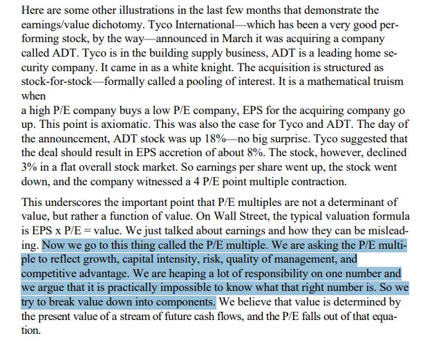 gregoryblotnick's tweet photo. "Thoughts on Valuation" (1997, Mauboussin)

this one is straight to the point, and busts several market myths...stuff u see people get wrong every day

1. the market is short-term oriented, or "unsophisticated" or "irrational"...this is a myth.

2. EPS and EPS growth are what drive stock prices...also a myth.

theres other topics in here, he goes into CAP which is a good term/framework u can use forever...I will pull a few highlights

https://t.co/NJGD1BMVcX

1. how you can grow EPS and destroy growth (like Bezos' example)

"Let’s pretend I am an unlimited source of capital. Everyone in this room can come to me and I will give you all the money you want. There is just one catch: the expected return on the capital I give you, not the explicit return, but the implicit return, is 10%. Now, let’s say you can go out and reinvest the money I give you at 8%. I give you capital with a 10% “cost” and you reinvest it at an 8% return. Now here is the question. What is your earnings per share growth going to be for this venture? The answer is, It is going to be anything you want it to be! All you have to do is keep coming back to me for more money, reinvest it, and you will generate earnings growth at whatever rate you choose. Clearly, the more rapidly you grow earnings the worse off you are, because you are investing below the required rate of return. 

That may make sense, but how does it apply to the real world? The answer is that the primary source of capital for most companies is retained earnings. (Roughly 75% of investments are funded internally.) Retained earnings have an implied opportunity cost—that is what shareholders could earn on that capital if they invested it in other ventures of similar risk—but most managers think of retained earnings as “free” money. Hence, managers who take cash generated by the business and reinvest it at below appropriate rates of return in order to drive earnings per share are doing their shareholders injustice. Mind you, investing in projects that do not earn the costs of capital may drive earnings per share growth, but will clearly destroy value. This type of investing goes on every day in corporations around the world."

2. the market sells off "EPS accretive" M&A

Here are some other illustrations in the last few months that demonstrate the earnings/value dichotomy. Tyco International—which has been a very good performing stock, by the way—announced in March it was acquiring a company called ADT. Tyco is in the building supply business, ADT is a leading home security company. It came in as a white knight. The acquisition is structured as stock-for-stock—formally called a pooling of interest. It is a mathematical truism when a high P/E company buys a low P/E company, EPS for the acquiring company go up. This point is axiomatic. This was also the case for Tyco and ADT. The day of the announcement, ADT stock was up 18%—no big surprise. Tyco suggested that the deal should result in EPS accretion of about 8%. The stock, however, declined 3% in a flat overall stock market. So earnings per share went up, the stock went down, and the company witnessed a 4 P/E point multiple contraction. 

This underscores the important point that P/E multiples are not a determinant of value, but rather a function of value.

3. what's in a multiple? a lot

On Wall Street, the typical valuation formula is EPS x P/E = value. We just talked about earnings and how they can be misleading. Now we go to this thing called the P/E multiple. We are asking the P/E multiple to reflect growth, capital intensity, risk, quality of management, and competitive advantage. We are heaping a lot of responsibility on one number and we argue that it is practically impossible to know what that right number is.

--that bolded sentence is very important...very common question/pushback from new investors "why can't I just do a 2027 multiple, or 2030 multiple" etc

because u are obscuring all that shit, plus terminal value assumptions, into one number.

like you may as well just throw a dart. u arent doing real valuation work, ur just pretending these assumptions don't exit.

in a DCF, all those assumptions are made explicit - capex, roic, fcf, everything that moves stock prices...u model those and add confidence intervals/scenarios/probabilities where ur uncertain.

as opposed to just saying, "15x 2027 EPS." like closing ur eyes and saying, poof, doesn't exist

the only shortcut (which everyone uses) is thinking directionally...a stock price = cash flows and multiple.

so if u say a stock at $100, is worth $50, u have to explain...are cash flows going down 50%? or is the multiple going down 50%? or some combo? and why? (keeping in mind that the multiple captures all those variables laid out above)

ask LLMs if any of this isnt clear (multiple vs DCF) -- I'm not going to argue with you on how you think the sky is orange instead of blue, and LLMs will get this right.

4. short-termism myth

"The next myth is that the market is very short-term orientated. This one is a favorite of the business press, and is a theory in which many CEOs indulge. What is the evidence for “short-termism?” First, stocks react to quarterly earnings per share. Next, money mangers are evaluated every 90 days so they have to run fast to make sure their portfolio is well positioned for the short term. Finally, there is a disproportionate focus on next quarter’s earnings per share. This is particularly endemic to the sell side."

--someone is going to push back and say, "the market can be irrational"

yes, it can, its not perfect - "the market has predicted 9 of the last 5 recessions"

its still far more right than it is wrong. and the degree to which u understand this, tends to be linear to ur years of experience

mauboussin goes into examples of how the market is long term focused, but u can see that regardless - why is spacex worth a trillion dollars despite that theres no FCF for 5+ years? 

because the market plays the long game. maybe its worth $2T, or $1T, or $500B, we'll see...but there's clearly a lot of value in there.

and on the flip side, u can see how AI/Claude has lopped off the terminal value of software stocks - those are long-term considerations, its not about next qtr being at risk, its 5-10 years out.

again, I'm not gonna argue with u here, go hit LLMs with ur opinions and views.

buffett 101: a stock is worth all the cash flow it will produce from now until kingdom come, discounted back at some rate appropriate to the business, risk, opportunity cost, 10-yr (he has many answers re: disc rate...but the point stands)

go argue w buffett, dont argue w me

5. cont - time horizon

"The next canard is that the market is “unsophisticated” or in some instances “irrational.” Allen Greenspan and Warren Buffett have recently contributed to this myth. Sumner Redstone, the CEO of Viacom, recently said that his stock price is depressed because the stock market is irrational; people don’t get it. All these portfolio managers, who are out to make money in a competitive setting, are collectively irrational. That is a difficult one to buy.

What does happen is a company makes an acquisition, tells the world it’s a great strategic deal, and is shocked when the stock is down 2% or 3%. Now in some cases the market doesn’t get it because the market doesn’t have the appropriate information. In that case, it is incumbent on the company to provide the relevant information so as to allow investors to make the right decision. Collectively, the market gets it a lot more times than it doesn’t get it."

6. CAP 🧢

"Now we come to the last component of the value-based model and it is a critical one. This idea is what takes the DCF from the classroom into the real world. It takes it from theory to practice. Most MBAs have not been subjected to anything like this before, yet it is really the key to securities analysis. It’s something we call competitive advantage period (CAP). CAP is defined as the period of time a company can generate excess returns on its incremental investments. It is based on the idea that competitive forces ultimately drive your excess returns down to zero, meaning the business earns the cost of capital. The ability to extend excess returns for as long as possible is the basic concept of competitive advantage. This is how competitive advantage is tied into this framework. 

Generally, when companies or investors run a cash flow model they go out five or ten years. Why is that? Because that’s how many fingers you have. Literally, we live in a decimal world because that is how many fingers we have! What you really want to do is link the competitive position of your business and/or industry to an economically sound competitive advantage period.

CAP can be defined by three major variables. The first is the current return on capital—the higher the better. The second is the rate of industry change—if you are in a fairly dynamic industry where things are changing quickly, investors tend to shorten the competitive advantage period. And third, which is related to the first two, is the barriers to entry; the higher the barriers to entry, the longer the competitive advantage period tends to be."

--

Summary

there's more in there, but u will notice that like everyone u know, everyone u follow, is doing all this shit wrong.

mauboussin and buffett have it right, u do not have to question anything they've written, nor argue with someone who says "buffett has it wrong"

ok pal

here is the best path though. independently consult LLMs, make sure you understand all of this front to back, get all ur q's answered...develop your own understanding of this

and then after that, u can either tune the crowd out entirely (since u have confirmation ur logic is sound), or u can try and correct people when u see them doing it wrong.

the latter will have u laughing, people will spend hours arguing in defense of some point of view which they literally just made up

and where an LLM within 2 seconds wouldve said "dude lol. no."

so idk, arguing with strangers on the internet is like Caligula declaring war on the ocean....u are never gonna win, its a neverending battle.

do your own homework and trust in LLMs, they are laser-sharp on topics like this -- fundamental equity analysis and basic market theory -- and will have u operating with some semblance of confidence.

"don't follow the crowd, they're lost."

buena suerte 🫡