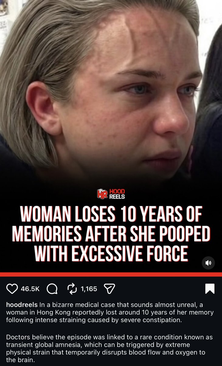 TheSerahIbrahim's tweet photo. A woman in Hong Kong lost 10 years of her memory after she pooped with excessive force 😭

How is this even possible 😭
Doctors in the house? https://t.co/FJVJTqw5cN