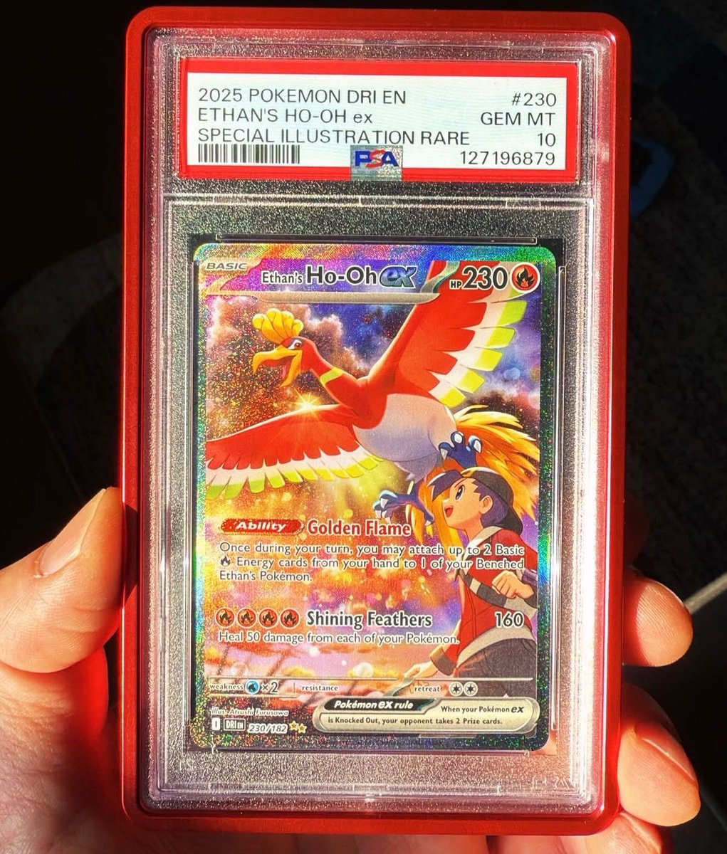 astro_degens's tweet photo. GIVING AWAY $370 this PSA 10 GEM MINT Ethan’s Ho-Oh ex Special Illustration Rare 🔥

One of the coolest Ho-Oh cards Pokemon ever released.

Just like, reply and follow for a chance to WIN, good luck 🍀 https://t.co/CFtiJyTN5h