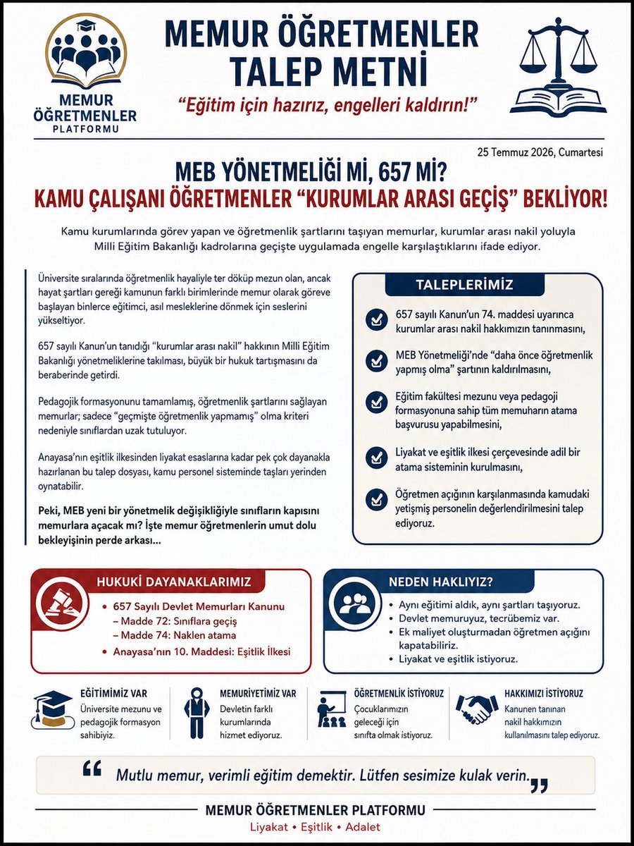 birlikmemur's tweet photo. Mahmut bey ücretli konusunda tavrınızı anladık.

Şimdi;

@tcmeb 9 Ocak atama ve yer değiştirme yönetmeliği kurumlar arası yeniden atama;

6-7-8 maddeleri ile 29 ve 42 maddeleri kurumlar arası yeniden atama öğretmenlik yapan ve yapmayan ayrımında namı değer #MemurÖğretmenler için kısıtlayan ve kariyer ve liyakati yok sayan hüküm bulunuyor.

Kamudan maaş öğretmen kadar maaş alıyor,

Her yıl AGS ve ÖABT giriyor,

Kamuda tasarrufta bir bakanlıktan diğerine geçiş ile mali bir külfet oluşturmayacak ve ücretli sayisidw ciddi anlamda azaltır,

Geçmişte öğretmenlik yapanları sadece almak yeni bütçe gerekiyor ve Ocak ayında dilekçeler Sn @cftcblnt bizzat imzasıyla atama olan ve şartları açıklanacak cevabı aldık.

@edipuzen @Mahmut__ozay @sdaolgun @Yasingrms0 memur öğretmenler düşman değil, ilk atama sayısı az olmasını bizde istemeyiz ama ortada kamu hakkını düzenleyen bir 657 DMK var buna göre hakkın iadesini talep etmenizi öneririz.

Sn @talatyavuz29 memur öğretmenler için adaleti sağlayacak adımlar bekliyoruz?