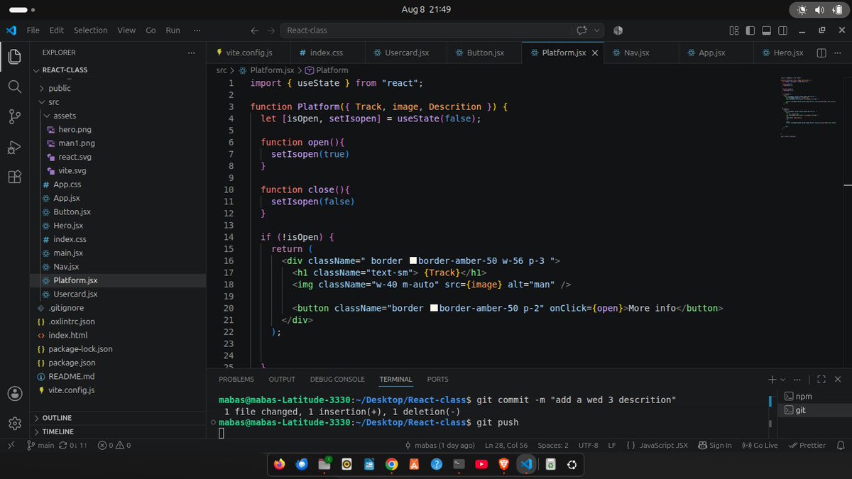 Mabas_Akila's tweet photo. Day 2 of #30DaysOfCode. Today i learnt about Managing State: useState is a built-in React Hook that allows functional components to manage local state, a capability previously exclusive to class components.
@blockfuselabs
#React #buildingInPublic https://t.co/vOKpwQaRJe