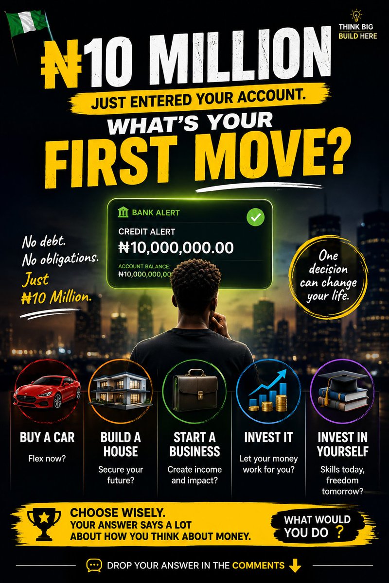 DOviaesu's tweet photo. 🇳🇬 You wake up tomorrow and ₦10 million enters your account.

No debt. No obligations. Just ₦10 million.

What's the FIRST thing you would do with it?

Car? House? Business? Investment? Education?

Let's see what Nigerian youths would actually choose. 👇 https://t.co/o714PPs6MV