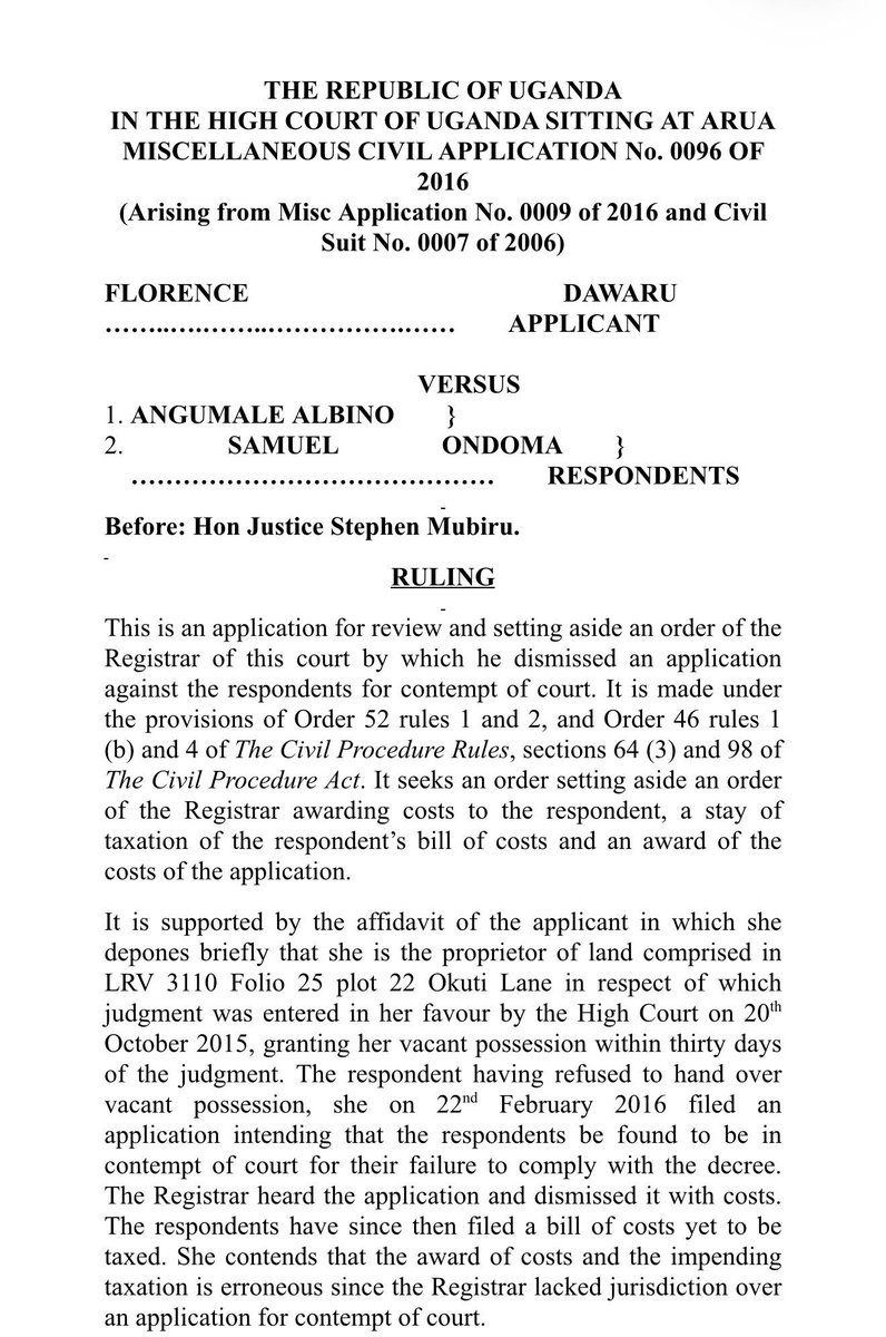CranimerMuloki's tweet photo. @AAgather @SpireJim High Court Registrar has no jurisdiction to entertain such an application.Order 50 limits the Registrar’s powers to ancillary mattrte ,In Florence Dawaru v Albino, Justice Mubiru, Civil contempt, properly so called, is exercisable by the High Court Judge https://t.co/rXKgDwY9Ju
