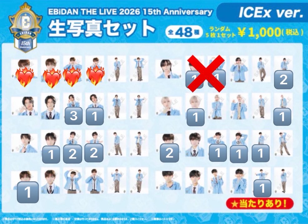 nasubi__59's tweet photo. EBiDAN THE LIVE 2026 15th Anniversary 
ICEx 生写真 交換

譲: 阿久根温世 竹野世梛 八神遼介 筒井俊明 千田波空斗 中村旺太郎 山本龍人
求: 志賀李玖 ❤️‍🔥のみ

8/14エビライ現地 or郵送での交換
検索からでもお気軽にお声掛けください。 https://t.co/kgBuCwTS2H