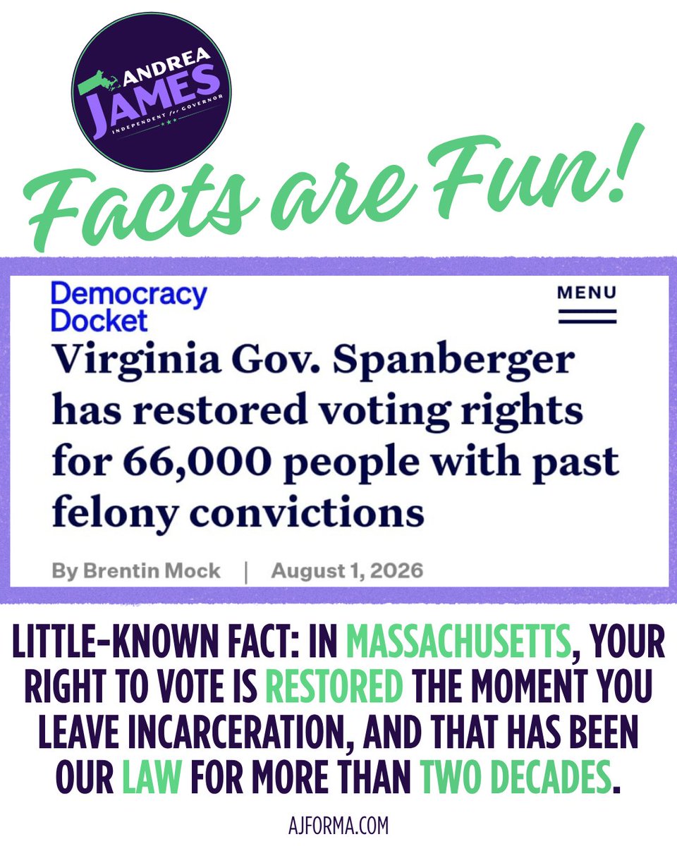 ajforma's tweet photo. Here in Massachusetts, formerly incarcerated people regain their right to vote upon release.

Because true democracy doesn’t decide whose voice matters based on their past. It makes room for all of us.

#ajforma 
#democracy 
#MAPolitics 
#mapoli 
#vote
#themoreyouknow 
#fyi https://t.co/VHM25GJ1cE