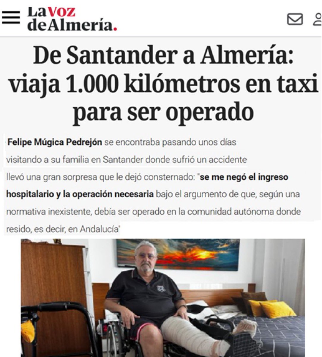 EmilioMontilla_'s tweet photo. Han hecho recorrerse a un señor 1.000 kilómetros para poder operarse porque es andaluz, pero si eres una boliviana de 70 años que no ha cotizado en su vida te atienden en el momento. 

Este país es ridículo. https://t.co/FwZ0bpQ6pn