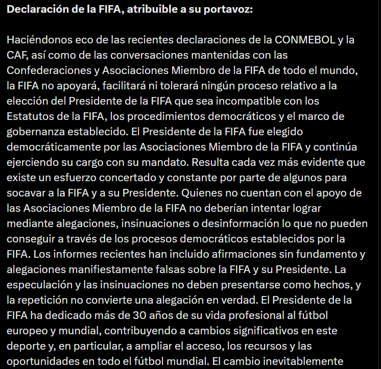 okdobleamarilla's tweet photo. 🚨#AHORA | Comunicado oficial de #Infantino y #FIFA: denuncia una campaña en contra por las próximas elecciones a presidente

📌"El Presidente de la FIFA fue elegido democráticamente por las Asociaciones Miembro de la FIFA y continúa ejerciendo su cargo con su mandato", inicia el texto

📌Y sigue: "Resulta cada vez más evidente que existe un esfuerzo concertado y constante por parte de algunos para socavar a la FIFA y a su Presidente. Quienes no cuentan con el apoyo de las Asociaciones Miembro de la FIFA no deberían intentar lograr mediante alegaciones, insinuaciones o desinformación lo que no pueden conseguir a través de los procesos democráticos establecidos por la FIFA"

📌"El escrutinio no es una licencia para distorsionar los hechos, amplificar acusaciones infundadas ni crear distracciones diseñadas para obstaculizar el progreso", cierra el texto.