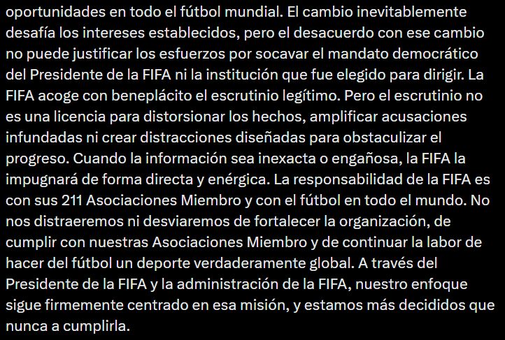 okdobleamarilla's tweet photo. 🚨#AHORA | Comunicado oficial de #Infantino y #FIFA: denuncia una campaña en contra por las próximas elecciones a presidente

📌"El Presidente de la FIFA fue elegido democráticamente por las Asociaciones Miembro de la FIFA y continúa ejerciendo su cargo con su mandato", inicia el texto

📌Y sigue: "Resulta cada vez más evidente que existe un esfuerzo concertado y constante por parte de algunos para socavar a la FIFA y a su Presidente. Quienes no cuentan con el apoyo de las Asociaciones Miembro de la FIFA no deberían intentar lograr mediante alegaciones, insinuaciones o desinformación lo que no pueden conseguir a través de los procesos democráticos establecidos por la FIFA"

📌"El escrutinio no es una licencia para distorsionar los hechos, amplificar acusaciones infundadas ni crear distracciones diseñadas para obstaculizar el progreso", cierra el texto.