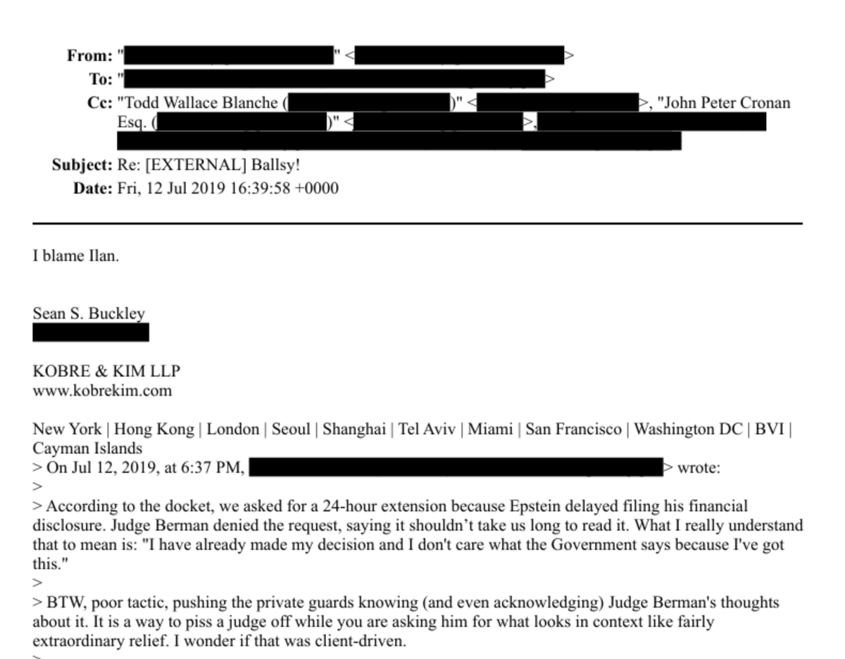 AaronParnas's tweet photo. Todd Blanche was confirmed as Attorney General. 

In the Epstein files, Blanche is listed as a person on an email chain discussing filings in Epstein's case shortly after his arrest and before his death. 

Most of the other names in the email are redacted.

Full file: https://t.co/fWnrbS38vd
