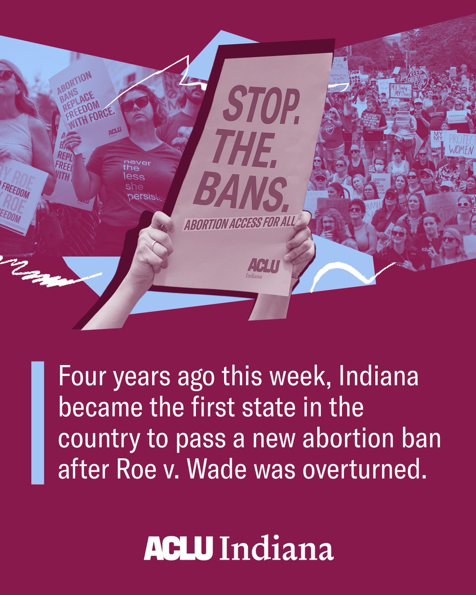ACLUIndiana's tweet photo. Four years after abortion was banned in Indiana, we’re still fighting for reproductive freedom.

On September 10, we’ll be before the Indiana Supreme Court challenging the ban and defending Hoosiers’ right to make deeply personal decisions in accordance with their own beliefs. https://t.co/Tz24BnrvVa