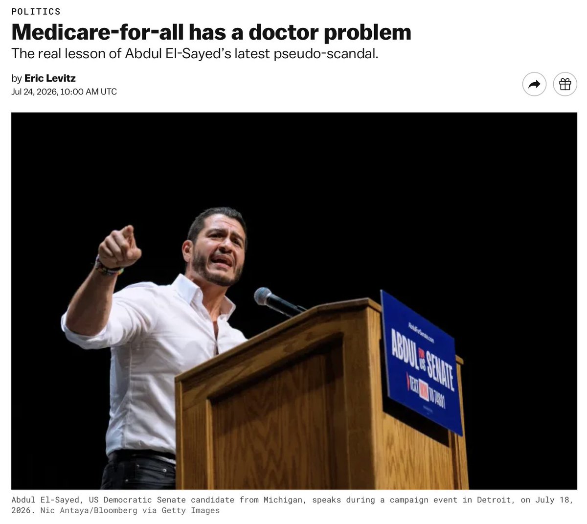 DemsForMike's tweet photo. VOX: Despite Medicare for All being Abdul's slogan, El-Sayed's wife, psychiatrist Sarah Jukaku, does not accept Medicare as a form of payment at her private practice.

If Abdul's own wife won't accept Medicare, what makes you think he'll actually fight for it as our Senator? https://t.co/ulFEXo6Zlh