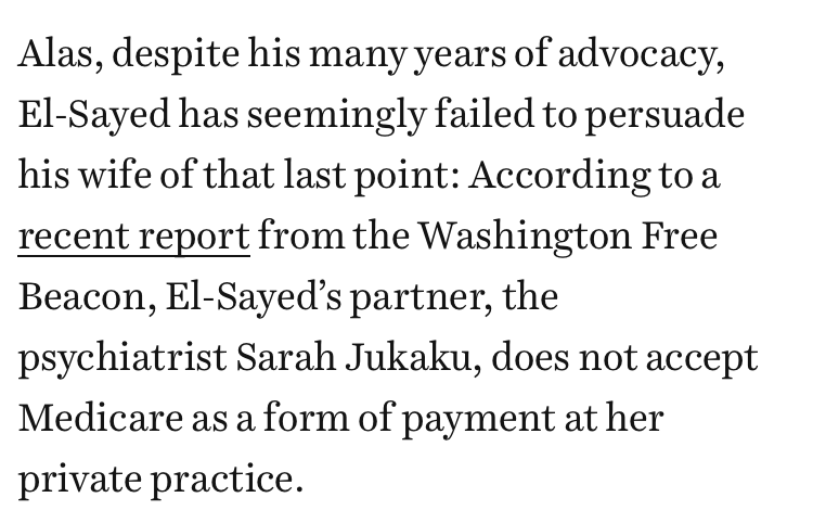 DemsForMike's tweet photo. VOX: Despite Medicare for All being Abdul's slogan, El-Sayed's wife, psychiatrist Sarah Jukaku, does not accept Medicare as a form of payment at her private practice.

If Abdul's own wife won't accept Medicare, what makes you think he'll actually fight for it as our Senator? https://t.co/ulFEXo6Zlh