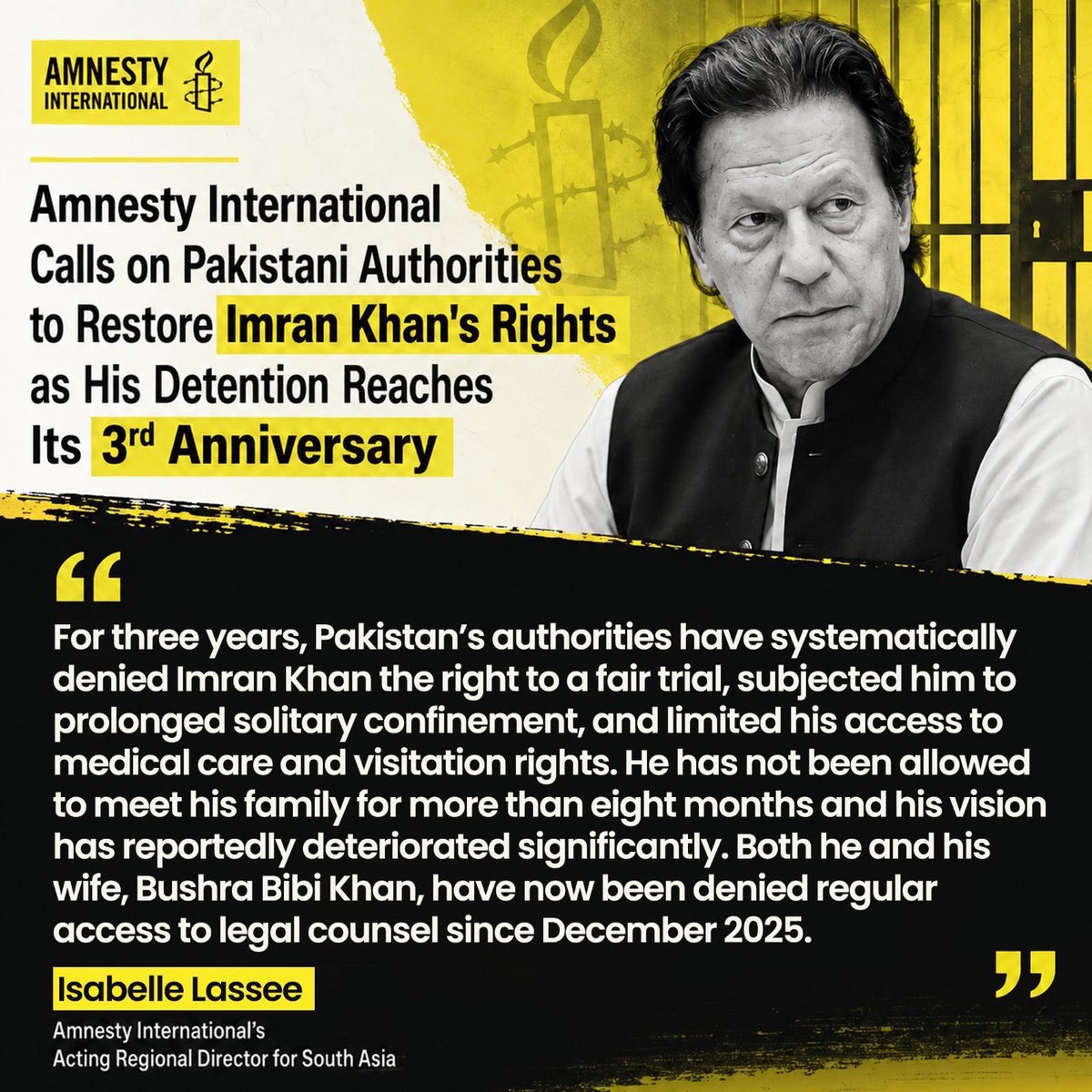 InsafPK's tweet photo. Restore Imran Khan’s right. 
Imran khan is denied his right to fair trail, access to appropriate medical facilities and is subjected to solitary confinement!
#RestoreConstituition https://t.co/3tmFNcPXKe