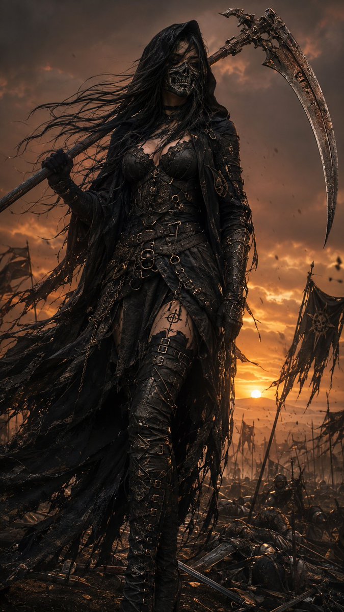 sophiasworld_17's tweet photo. When the battlefield falls silent, only she remains—the dark reaper warrior, armed with a scythe, shadows, and a merciless gaze. ☠️🖤⚔️

#DarkReaper #ScytheWarrior #DarkFantasy #GothicWarrior #DeathKnight #Battlefield https://t.co/F3kNh1vFrq