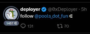AlexShwaz's tweet photo. 0x16063b26d6911778de57662bab9bf4738b0159d0

First token created on potentially https://t.co/LHot2f8GdL factory?(unconfirmed dyor)

https://t.co/h3ANDwr9ki

Also coincidentally when @0xDeployer told us to follow @pools_dot_fun https://t.co/yU20eZMuKf