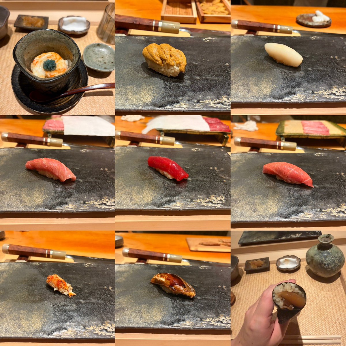 sushitar0's tweet photo. くろ崎②
🥢煮蛸
🥢太刀魚酒蒸し
🥢海鰻
🍣新子
🍣ミル貝
🥢黒鮑
🥢黒鮑肝ソースと白エビ
🍣小肌
🍣車海老
🥢ボタン海老茶碗蒸し
🍣藍島赤ウニ
🍣新イカ
🍣大トロ
🍣赤身
🍣中トロ
🥢車海老頭
🍣穴子
🍣干瓢
🥢貝出汁
🍣愛媛赤ウニ
🍣藍島塩水赤ウニ
🥢貝出汁
🍣白イカ
🥢玉 https://t.co/MW81MaQRg0