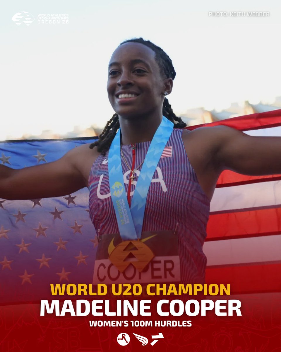 DyeStat's tweet photo. Another 12.91, another gold at Hayward🥇🥇

🇺🇸 Madeline Cooper matches her PB from the USATF U20 Championships and wins gold at #WorldAthleticsU20 in the women's 100m hurdles thanks to a VERY strong close.

📸: Keith Webber https://t.co/8dzgzgKjHE