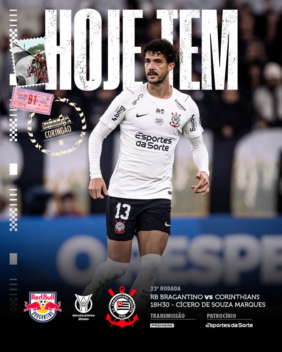 Corinthians's tweet photo. DIA DE CORINTHIANS PELO CAMPEONATO BRASILEIRO! 🏴🏳️

🎶 HOJE TEREMOS QUE GANHAR! VAMOS, MEU TIMÃO! 🎶

⚽ Red Bull Bragantino x Corinthians
🏆 Brasileirão (22ª rodada)
⏰ 18h30 (horário de Brasília)
🏟️ Cícero de Souza Marques
📺 Premiere
🖥️ Dia de Corinthians (pré-jogo: 17h10 | narração: 18h30)

#EDS
#RBBxSCCP
#VaiCorinthians