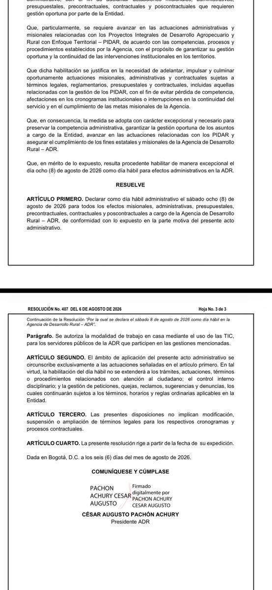Melquisedec70's tweet photo. Atentos. Increíble el descaro de @CesarPachonAgro director de la @AgenciaTierras con dos resoluciones, una el 6 de agosto y otra hoy sábado. 

Pocas horas antes de terminar el anterior gobierno, firmó una declarando “día hábil” hoy 8 de agosto para todos los efectos, incluso contractuales, para firmar contratos por más de $260 MIL millones.

Y otra, aún más increíble, declarando insubsistente HOY al vicepresidente de la Agencia, Jhon Kennedy Wilchez, quien llevaba 
apenas 10 días en ese cargo. Y señala que tiene efectos desde mañana domingo. 

Si Pachón se aparece el lunes en esas oficinas, deberían mandarle la Fiscalía de una vez.