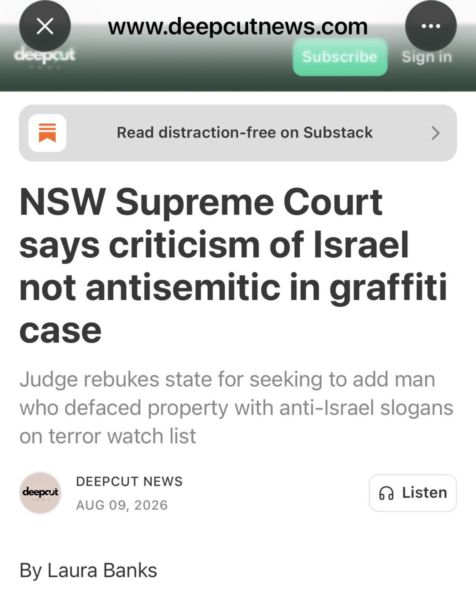 abierkhatib's tweet photo. 🚨 NSW Supreme Court just told the state to calm down 👏

Judge rejects putting a guy on a terror watch list over “F*k Israel” graffiti, and calls out the prosecution for treating every Jew as a monolithic Israel fanclub.

“You are treating all Jews as monolithic… a statement of hostility to Israel is not a statement of hostility to the Jewish people.”

Who would have thought that  criticising a country isn’t the same as hating an entire ethnicity. Wild, I know. 🙄

(Deepcut News)