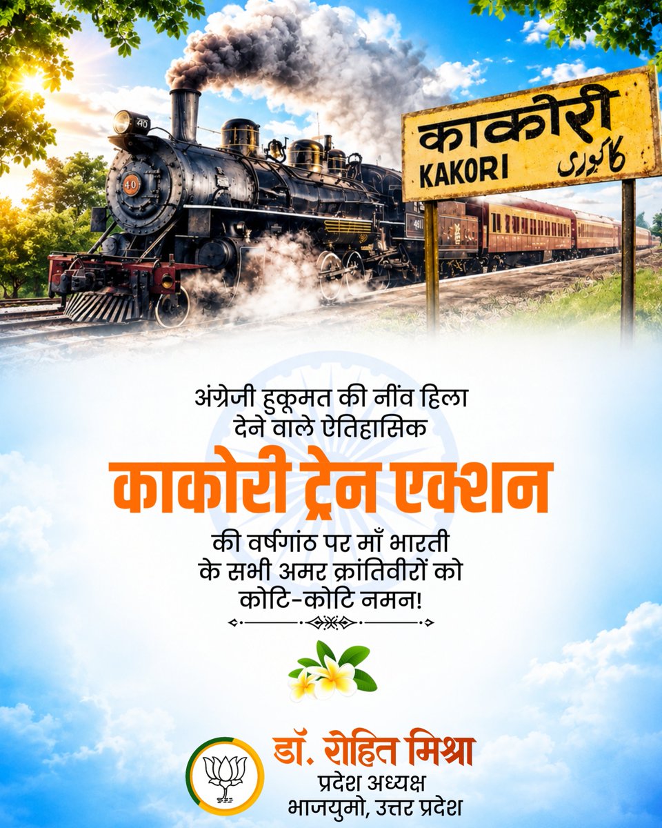 irohitmishrabjp's tweet photo. क्रांति और अदम्य साहस के प्रतीक 'काकोरी ट्रेन एक्शन' की वर्षगांठ पर, माँ भारती की स्वतंत्रता के लिए अपना सर्वस्व न्यौछावर करने वाले सभी अमर सपूतों और हुतात्माओं को कोटि-कोटि नमन! 🇮🇳

​भारत माता की जय! वन्दे मातरम्! https://t.co/vyug79AXLx