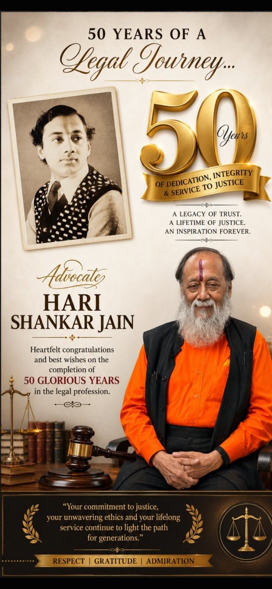 AnoopSharma1962's tweet photo. श्री हरि शंकर जैन जी को गौरवशाली कानूनी यात्रा के 50 वर्ष पूर्ण होने पर हार्दिक बधाई एवं शुभकामनाएँ
धर्म राष्ट्र और न्याय की रक्षा के लिए आपका समर्पण, संघर्ष और अटूट संकल्प सभी के लिए प्रेरणास्रोत है। ईश्वर आपको दीर्घायु, उत्तम स्वास्थ्य और राष्ट्रसेवा की अनंत शक्ति प्रदान करें🙏 https://t.co/FMrKWzQ4Pm