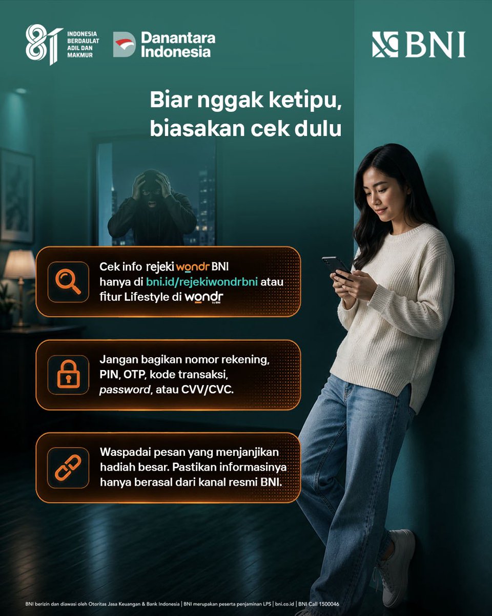 BNI's tweet photo. Jangan panik kalau dapat SMS yang bilang BNI POIN+ kamu akan segera hangus! 🚨

Bisa jadi itu modus link phishing. Penipu sengaja membuat pesan yang mendesak agar kamu mengklik link dan memasukkan data di website palsu.

Ingat, penukaran BNI POIN+ hanya dilakukan melalui fitur Lifestyle di wondr by BNI kamu. Jadi, jangan pernah klik link penukaran yang dikirim lewat SMS atau chat.
