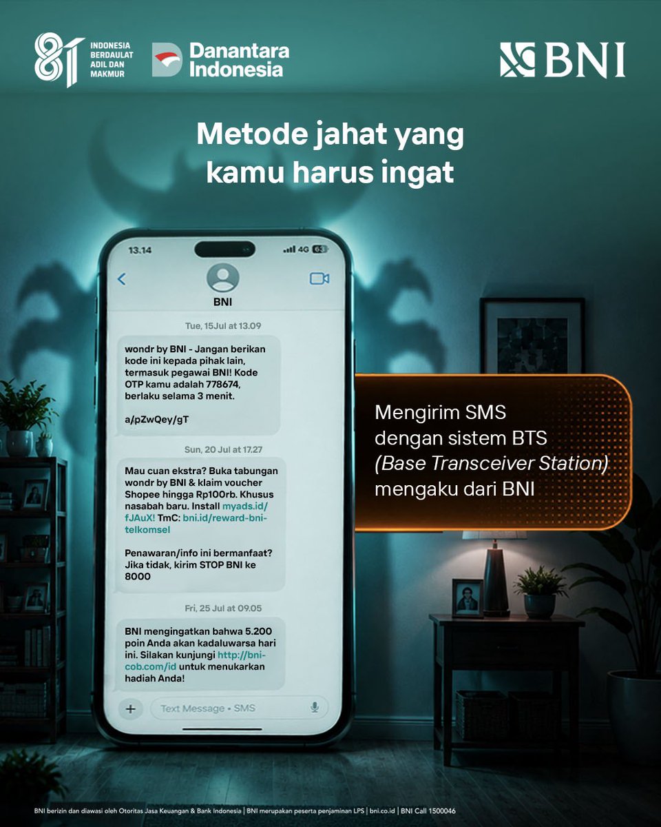 BNI's tweet photo. Jangan panik kalau dapat SMS yang bilang BNI POIN+ kamu akan segera hangus! 🚨

Bisa jadi itu modus link phishing. Penipu sengaja membuat pesan yang mendesak agar kamu mengklik link dan memasukkan data di website palsu.

Ingat, penukaran BNI POIN+ hanya dilakukan melalui fitur Lifestyle di wondr by BNI kamu. Jadi, jangan pernah klik link penukaran yang dikirim lewat SMS atau chat.