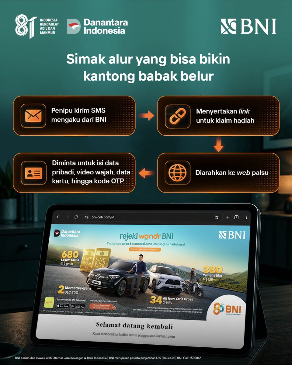 BNI's tweet photo. Jangan panik kalau dapat SMS yang bilang BNI POIN+ kamu akan segera hangus! 🚨

Bisa jadi itu modus link phishing. Penipu sengaja membuat pesan yang mendesak agar kamu mengklik link dan memasukkan data di website palsu.

Ingat, penukaran BNI POIN+ hanya dilakukan melalui fitur Lifestyle di wondr by BNI kamu. Jadi, jangan pernah klik link penukaran yang dikirim lewat SMS atau chat.