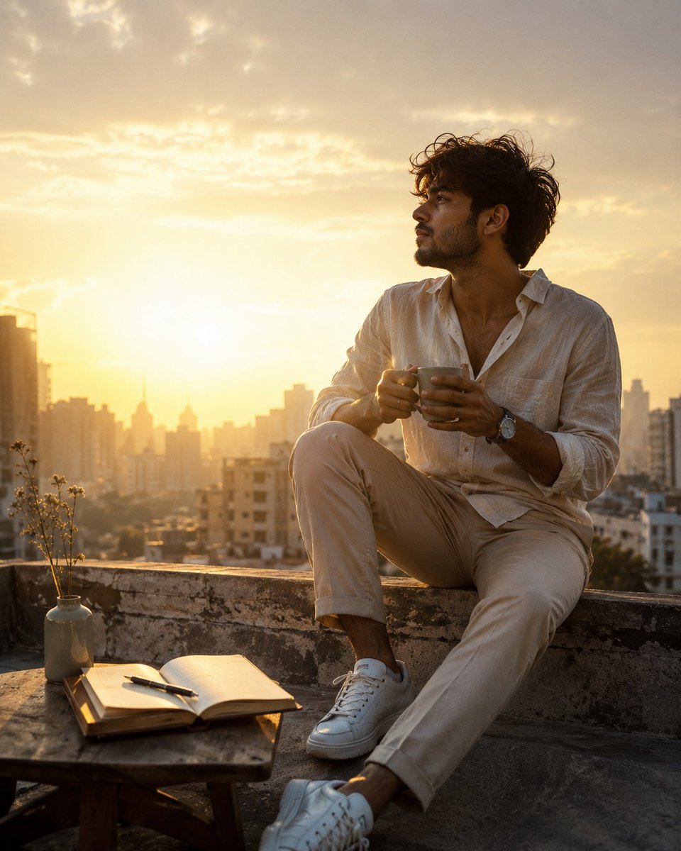 sf0tbl's tweet photo. A new morning doesn’t promise an easy day. It simply gives you another chance to make it meaningful

Prompt:
⬇️

Ultra-realistic cinematic lifestyle editorial photography of a stylish young man sitting alone on the edge of a quiet rooftop at sunrise, holding a steaming ceramic coffee cup with both hands. The first golden rays of sunlight illuminate his face while a soft morning breeze gently moves his hair and shirt. He wears a relaxed cream linen shirt with the sleeves casually rolled up, tailored beige trousers, a minimal silver wristwatch, and clean white sneakers. Beside him is a small wooden table with an open notebook, a fountain pen, and a simple vase containing a single wildflower. The city skyline is far in the background, softly blurred and covered in delicate morning haze. Warm natural sunlight, soft golden highlights, subtle shadows, peaceful premium atmosphere, sophisticated lifestyle magazine aesthetic, authentic candid expression, cinematic composition, 50mm lens, shallow depth of field, realistic skin texture, natural colors, photorealistic, ultra-detailed, 8K, no text, no watermark, no logo.