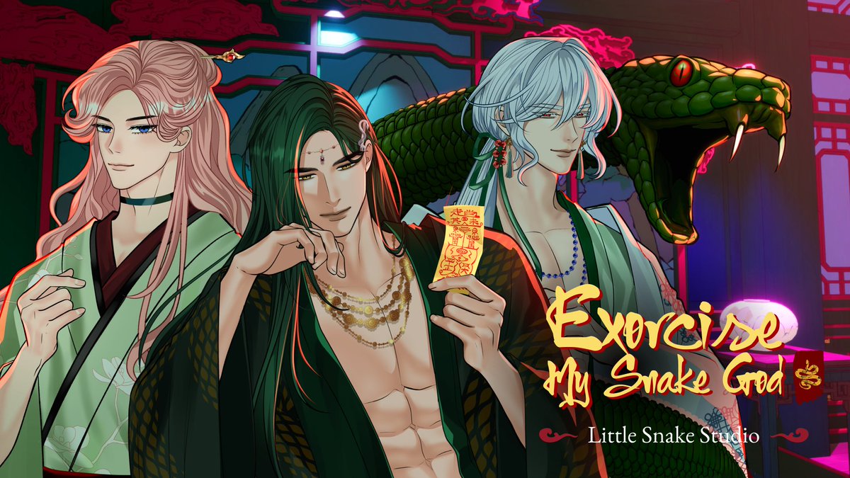 LittleSnakeDev's tweet photo. [Game announcement]
A new otome game of exorcism and dark romance. 
Play a cursed exorcist hired to seduce and destroy a snake god who demands a bride every ten years. Three love interests. Multiple endings. 
👉Wishlist Exorcise My Snake God: https://t.co/M2sp9NOU3E https://t.co/y883BAudWW
