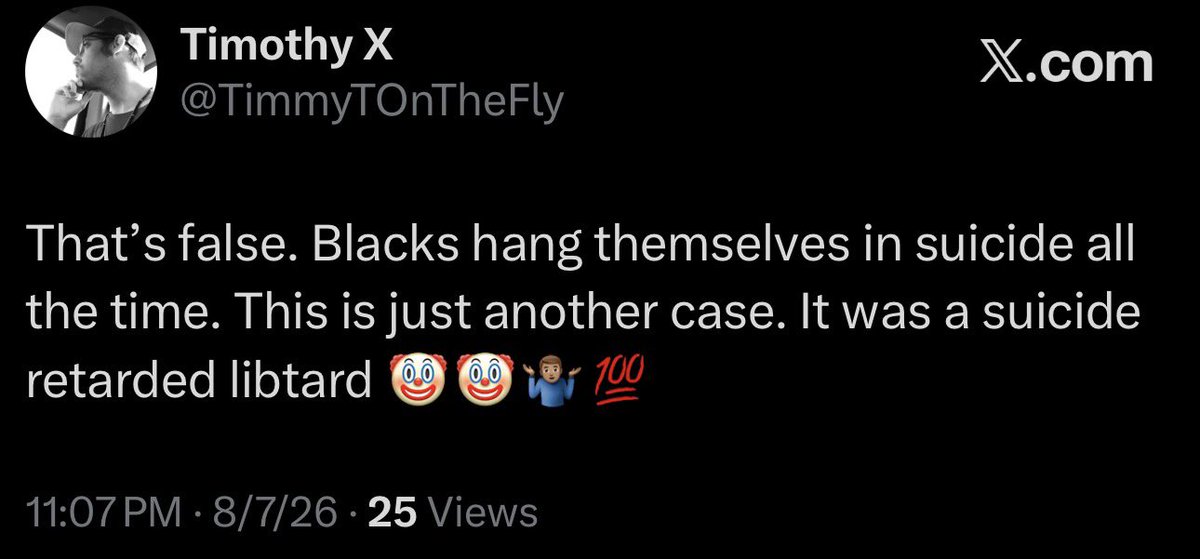 TimmyTOnTheFly's tweet photo. Another retarded libtard that blocked me cause she can’t handle the truth. There’s another suicide hanging that’s been proven no foul play along with multiple others. Can’t handle the truth that Blacks hang themselves in suicide too. Typical libtard mentality/behavior 🤡🤡🤷🏽‍♂️🤣💯 https://t.co/E5gzSaxOHf