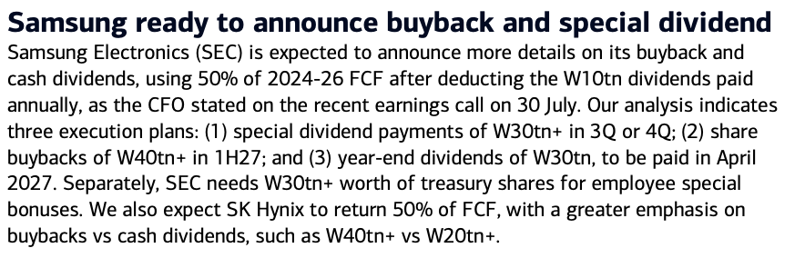 jukan05's tweet photo. BofA expects both Samsung Electronics and SK Hynix to announce concrete details on shareholder returns.

For Samsung specifically, the shareholder return program — utilizing 50% of FCF — would take three main forms:

(1) A special dividend of over KRW 30tn to be paid in Q3 or Q4 
(2) Share buybacks of over KRW 40tn in 1H 2027 
(3) A year-end dividend of KRW 30tn scheduled for payment in April 2027

Separately, there would also be over KRW 30tn in share buybacks for employee compensation.
For SK Hynix, BofA likewise expects 50% of FCF to be returned to shareholders, but with greater weight on buybacks than on cash dividends — for example, over KRW 40tn in share buybacks and over KRW 20tn in cash dividends.