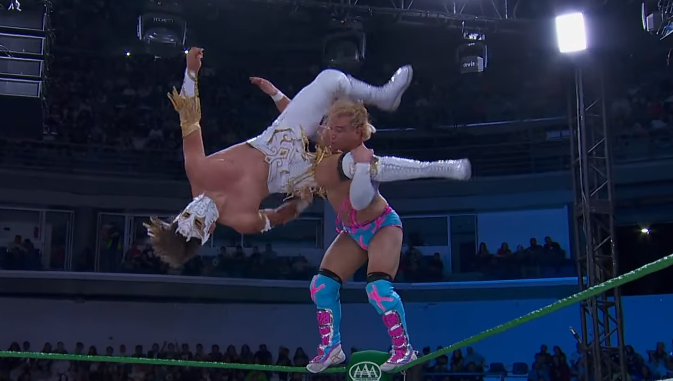 Cigano300's tweet photo. Great episode of AAA tonight. 

- A new monster heel debuted
- Dom had a fantastic sit down w/ Andrea Bazarte + Liv appeared
- Noisy Boy and Jack Cartwheel delivered a banger
- Los Perros del Mal made another statement
- Flammer, Shani and La Catalina showed out in the main event https://t.co/g0fWl5ESSf