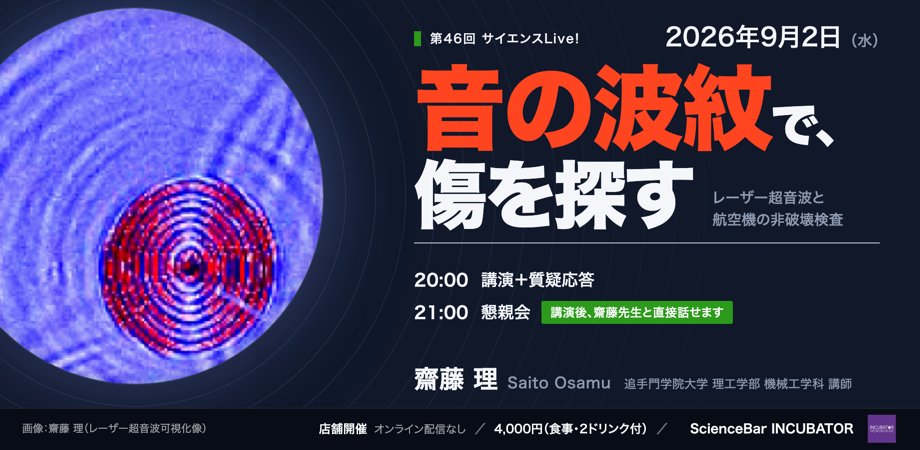 Science_Bar's tweet photo. 【第４６回 サイエンスLive! 開催のお知らせ】

２０２６年９月２日（水）２０：００より、
現役の科学者によるライブトークイベント "サイエンスLive!" を当店で実施します。
ぜひ一度ご覧ください！

ご予約は下記チケットサイトよりお願いいたします。
https://t.co/R7pFFZ6hIW

以下詳細になります。
ーーーーーーーーーーーーーーーーーーー

＜今回は実店舗のみでの開催です。オンライン配信はございませんのでご注意ください。

準備の都合上、チケット販売は当日19:30で締め切りとさせて頂きます。お時間に余裕をもって申し込みをお願いします。＞

1．今回のテーマ

2．このような方におすすめ

3．登壇者

■ 1．今回のテーマ

───────────────
みなさんが乗る飛行機の機体に傷が入っていたら、気づけるでしょうか。

いまの旅客機には、「炭素繊維強化プラスチック（CFRP）」という材料が使われるようになってきました。

ボーイング787では、重量のおよそ50%がこのCFRP。軽くて丈夫で、燃費もいい。

ところがこの材料には、やっかいな性質があります。

工具を落とす、鳥がぶつかる、雹が降る。

そうした衝撃を受けたとき、CFRPの傷は"内部"にできます。

表面はきれいなまま、中で層と層が剥がれている。

外から見ても、わからないのです。

では、どうやって中を覗くのか？

これまでは水をかけて超音波を当てていましたが、それでは曲面の機体に使いにくい。

もっと手軽に、触れずに、機体の内側を見る方法はないのか？

その答えの一つが、いま研究が進んでいる「レーザー超音波可視化」です。

レーザーを当てると、その一点がわずかに膨らんで超音波が生まれます。

照射する点を少しずつずらしながら測っていくと、

超音波が水面の波紋のように広がっていく様子を、"映像"として見ることができます。

そして傷があると、その波紋の広がり方が乱れる。

乱れ方を読み解けば、傷がどこにあるかだけでなく、

"どのくらいの深さにあるか"まで推定できるようになってきました。

今回は、この技術を研究されている齋藤さんから、

航空機に使われる材料の話から最新の検査技術まで、一般の方むけに分かりやすくお話し頂きます。

お酒を片手に、飛行機の内側を覗いてみませんか。

■ 2．このような方におすすめ

───────────────

●飛行機・ものづくりについて

・飛行機の安全がどう守られているのか知りたい方

・「非破壊検査」という仕事に興味のある方

・炭素繊維など新しい材料の話を聞いてみたい方

●研究の現場について

・研究従事者から直接情報を知りたい方

・研究従事者に直接質問したい事がある方

●テクノロジーについて、関心のある方・教養を身に付けたいと考えている方

●科学コミュニケーション分野に関心のある方

■ 3．登壇者

───────────────

齋藤 理（さいとう おさむ）

追手門学院大学 理工学部 機械工学科 講師

東京大学卒（博士（理学））。高エネルギー加速器研究機構、東京慈恵会医科大学を経て、

2014年より東京大学生産技術研究所。特任研究員・助教として非破壊検査の研究に携わる。

2025年より現職。専門は超音波、弾性波動論、非破壊検査、光音響。

レーザー超音波可視化によるCFRPやハニカムサンドイッチ構造の欠陥検出を研究している。

2025年、日本非破壊検査協会 論文賞を受賞。

日本物理学会、日本非破壊検査協会、日本機械学会、日本脳神経超音波と栓子検出学会 会員。

ーーーーーーーーーーー

以上

お席が少ないのでご予約はお早めに！

お待ちしています！

サイエンスバーインキュベータ 店主