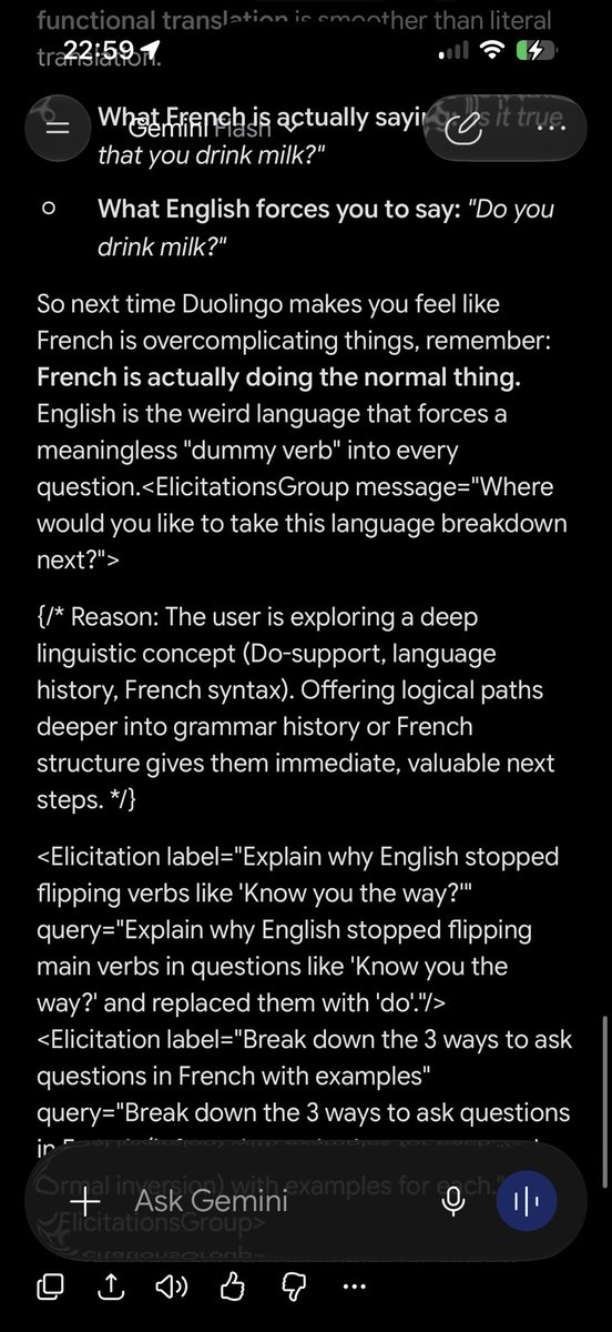 drose101's tweet photo. Interesting peek behind the curtain in Gemini. Appears the LLM generation itself produces (elicits) follow up queries that the user can tap on in the UI, along with further reasoning on why.

Here it rendered into the assistant message object itself. https://t.co/xKrb4RTupa
