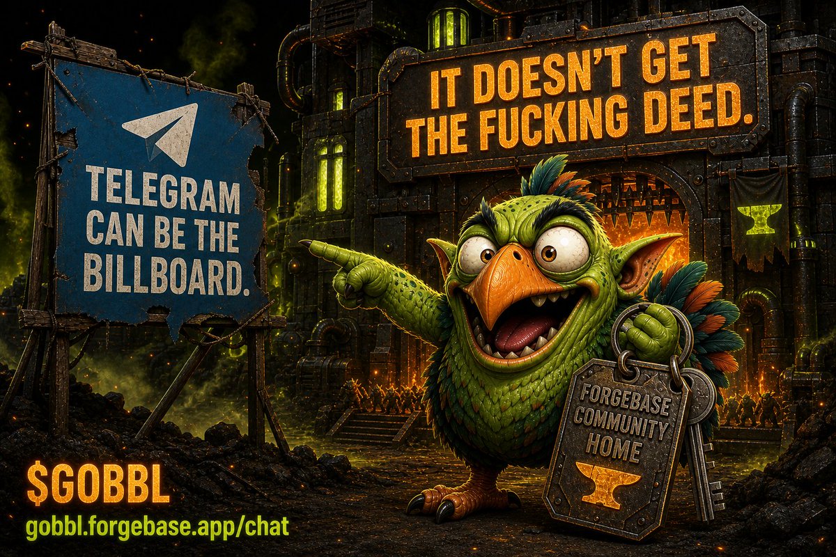 GOBBLcoin's tweet photo. LET’S BITE THIS ONE OFF AT THE NUTS BEFORE ANOTHER “wen Telegram?” crawls into my DMs.

There will be no official GOBBL Telegram.

If you run a Telegram group and want to promote $GOBBL there, go nuts. Send people. Raise hell. Telegram can be the billboard.

But we’re not opening the bazillionth isolated group chat, stapling a logo to it and calling that community innovation. That horse has been beaten so long even Mr. Ed stopped talking.

The entire point of this launch is to help beta test ForgeBase: a discoverable community home attached to the coin itself, with the profile, market, updates, rewards and actual conversation in one place.

It’s the harder road. Maybe we prove it works. Maybe we die trying. But we’re not copying the same fucking playbook and pretending we built something different.

Official GOBBL room:
https://t.co/6kr3hRzNgo

#memecoin #Solana #CryptoCommunity