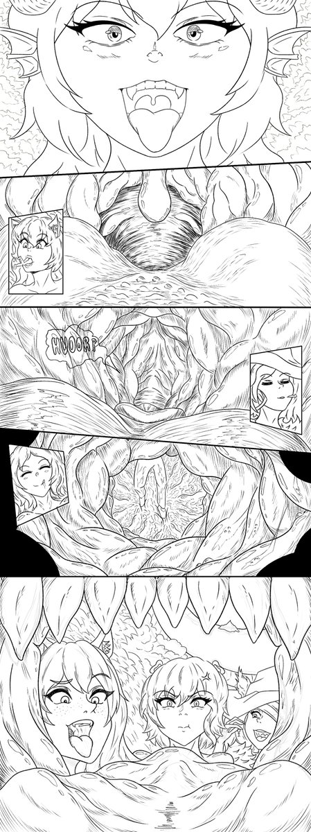 Nykseeee's tweet photo. So I said I'd have it finished for today, but I didn't manage to get around to the colouring yet. I think this counts. (Twitter compression is terrible so please check comments for the clearer versions of each panel)

#voreday #giantess #vore https://t.co/tbavhAMKNk