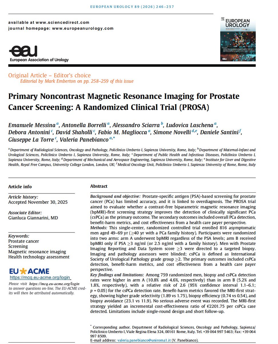 Adam_Weiner535's tweet photo. 🚨 MRI-first screening w/o contrast finds more ≥GG2 #ProstateCancer 🚨

@EurUrol

👥 759 pts randomized

📊 Biparametric MRI first vs MRI only if PSA ≥3
⏱️ 15 min scan, no contrast

✅ csPCa detected: 4.6% vs 1.8% (RR 2.6, 95% CI 1.1-6.1)
✅ Several csPCa found in pts w/ normal PSA

⚠️ More biopsies in MRI-first arm (10.8% vs 5.2%)

🎯 A FAST⚡️ contrast-free MRI up front catches significant PCa a PSA  screen might miss

@PCF_Science  @PCFnews @urotoday @UrologyTimes @UroOnc

🔗https://t.co/E8rXTQL1nW