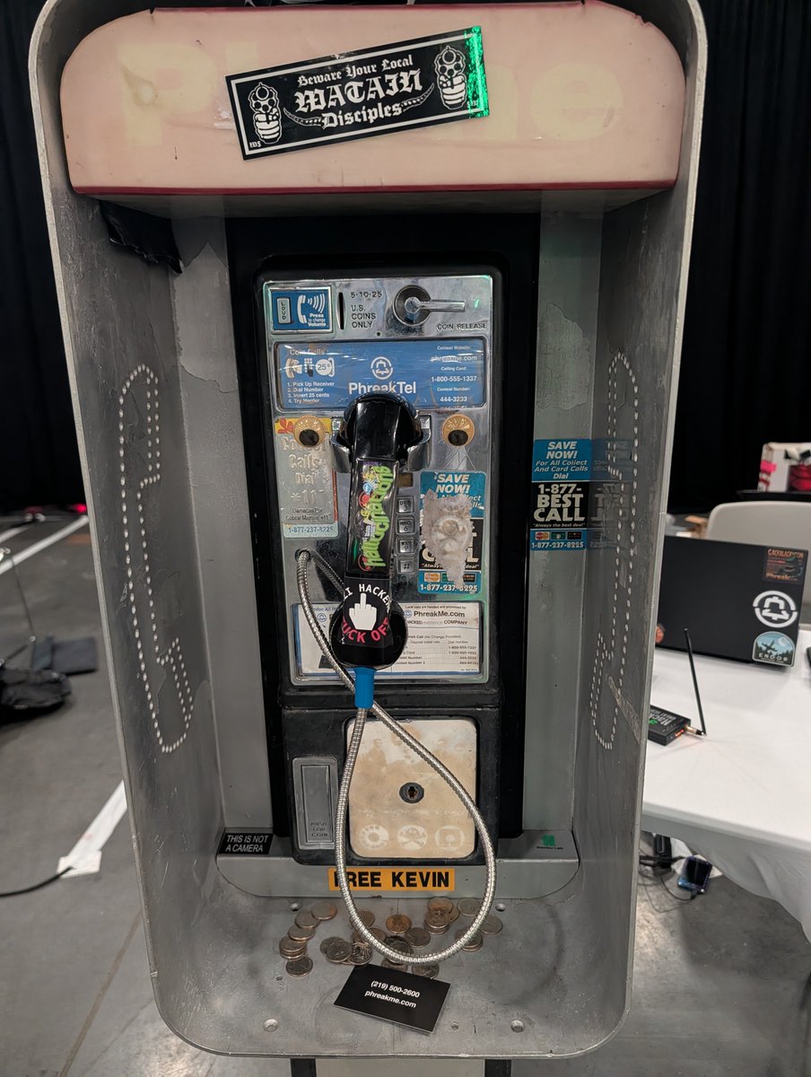 hackerfantastic's tweet photo. Phreaking village. This really made me smile, hanging out at a phonebooth to go blue boxing... #defcon34 https://t.co/qP5yP9AArH
