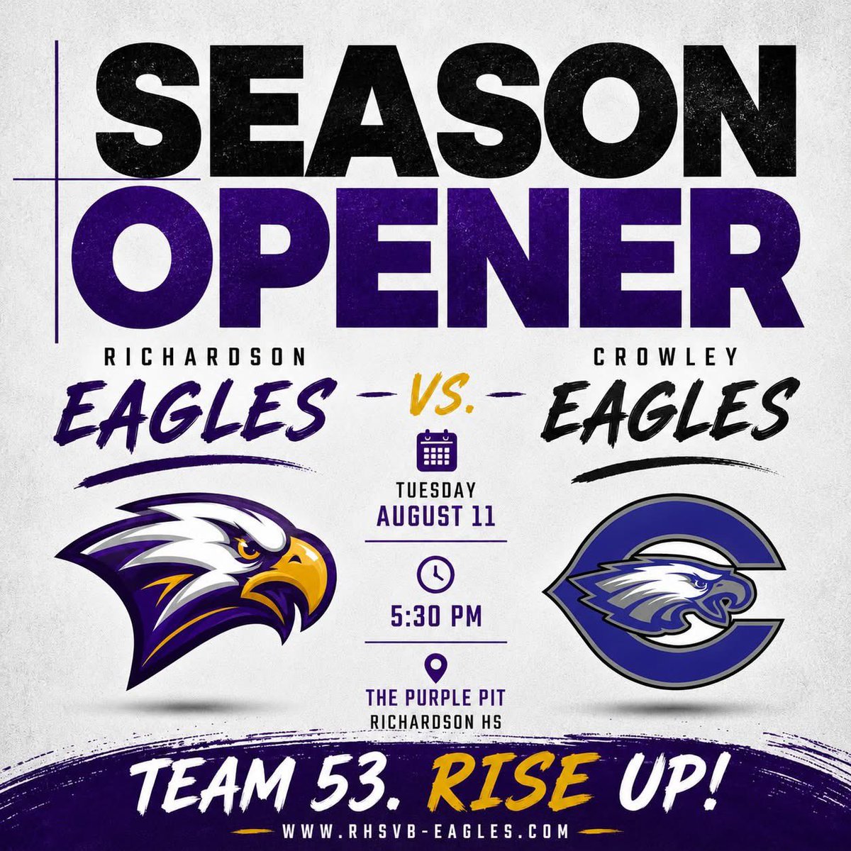 RHSVB_EAGLES's tweet photo. New season. New team. 💜💛🦅
🆚 Crowley
⏰ 5:30 PM
📍 The Purple Pit
TEAM 53. RISE UP. 🦅
#RHSVB | #Team53
#RiseUp | #ProtectThePit
@RichardsonHS1
@RichardsonISD https://t.co/PbGgipRkae